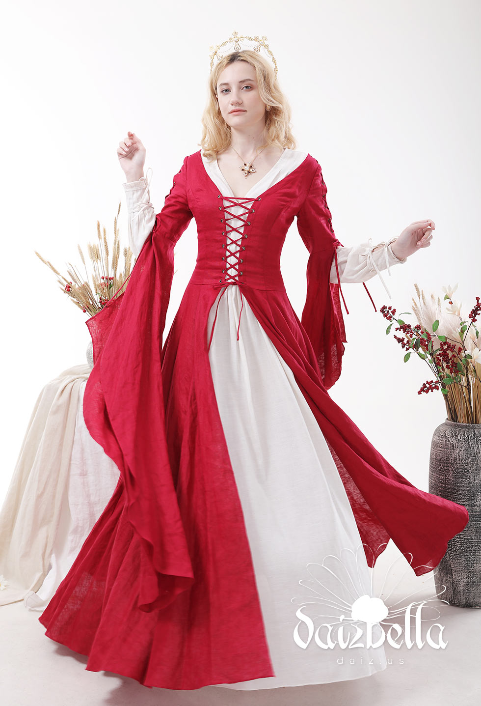 女伯爵系列:中世纪欧式复古梦幻红色连衣裙天然亚麻外