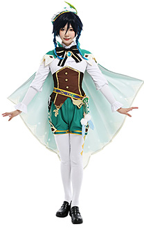 Genshin Impact Bards Venti Female Wind Archon Cosplay Costume Fullset with Cloak and Feather Waist Accessory