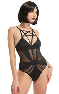 Miccostumes Swimsuits for Women Gothic Dark Style Net Yarn Spliced Bathing Suit Front Crossover Tummy Control One-piece Swimwear