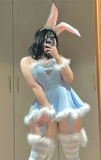 Bunny Girl Sexy Lingerie Set Homewear Blue Furry Heart Hollow Halter Bodysuit with Skirt and Striped Stockings