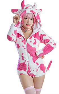 Women Sexy Onesie Pajama Pink Cow Print Bodysuit Hooded Homewear with Choker and Socks