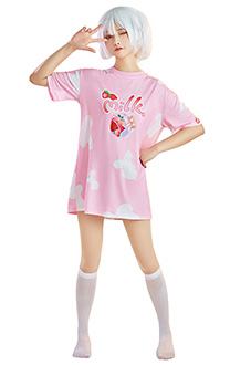 Women Round Neck Long T-Shirt Strawberry Cow Pattern Homewear with Calf Socks