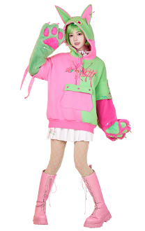 Harajuku Style Pullover Hoodie with Detachable Bag Furry Paw Design Gloves Green Pink Hoodie