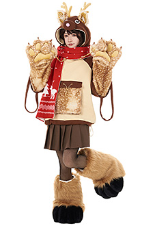 Christmas Pullover Hoodie with Detachable Bag Furry Paw Design Gloves Deer Design Zipper Hoodie with Scarf