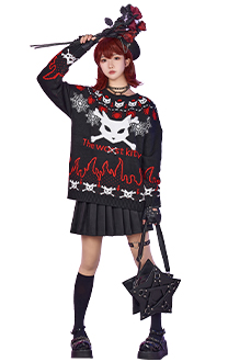 Christmas Gothic Knitted Sweater Cat Head Pattern Crew Neck Pullover Knitwear