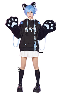 Pullover Hoodie with Detachable Bag Design Furry Cat Paw Gloves Skull Cat Pattern Sweatshirt