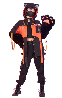 Hooded Jacket and Detachable Skirt Set Motorcycle Suit Style Clubwear with Furry Cat Paw Bag