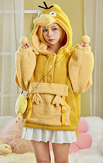 Kawaii Short Hoodie Fleece Poncho Hooded Coat with Little Duck Shaped Crossbody Bag