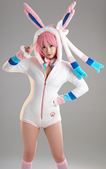 Sylveon Derivative Sexy Fluffy Hooded Bodysuit Deep V Kawaii One Piece Lingerie Rompers with Choker and Socks