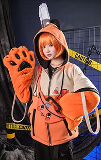 Chainsaw Derivative Pullover Hoodie with Detachable Bag Design Furry Paw Gloves Orange Hooded Zipper Sweatshirt with Bag