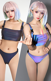 Lucy Derivative Regenbogen Reflektierender Bikini Set High Cut Tanga Sports Top Swimsuit Clubwear Badeanzug Set