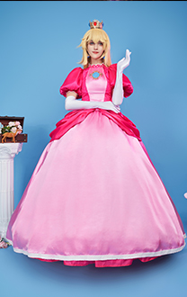 Prinzessin Peach Cosplay Rosa Prinzessin Cosplay Kostüm mit Ohrring Handschuhe Unterrock Zubehör Set
