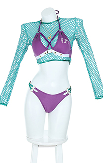 JOJO Derivative Sexy Lila Bikini High Cut Swimsuit Criss Cross Neckholder Badeanzug mit Netz Top Halskette