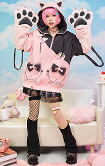 PM Derivative Pullover Hoodie with Detachable Bag Design Furry Paw Gloves Kawaii Drawstrings Hooded Sweatshirt