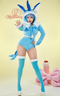 PM Derivative Fluffy Bodycon Romper Sexy Lingerie Blue Furry Hooded Bodysuit Jumpsuit Homewear with Tail Belt and Socks