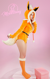 PM Derivative Sexy Lingerie Bodysuit Orange Plush Hooded Barboteuse et Bas avec Ceinture et Queue pour Femme S-4XL