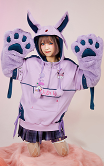 PM Derivative Purple Zipper Pullover Hoodie with Detachable Bag Design Furry Paw Gloves Kawaii Sweatshirt