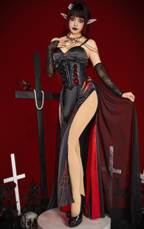 Halloween Women Sexy Vampire Spider Costume Dark Gothic High Slit Dress Outfit with Sleeves Necklace
