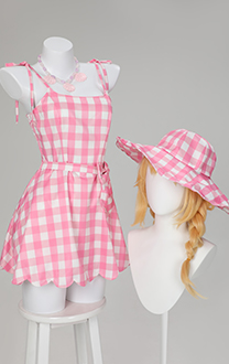  Cosplay Kostüm Barbara Trägerkleid in rosa Schottenmuster, Strandkleid und Shorts mit Hut