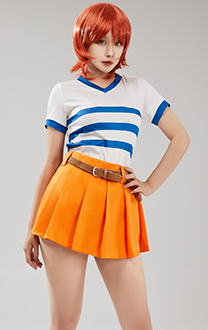 OP Nami Cosplay Costume White Blue Stripe Top Yellow Skirt Set with Belt