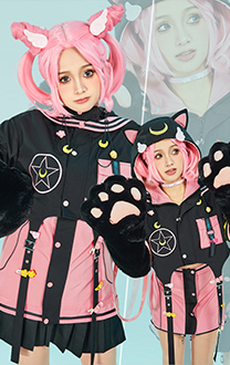 Luna Derivative Pullover Hoodie and Detachable Skirt Set Sailor Style Jacket with Furry Cat Paw Gloves