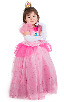 Child Girls Princess Peach Dress Halloween Costume for Kids with Crown
