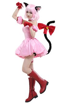 Tokyo Mew Mew Ichigo Momomiya Mew Ichigo Transformed Short Pink Dress Cosplay Costume with Cat Ears and Tail