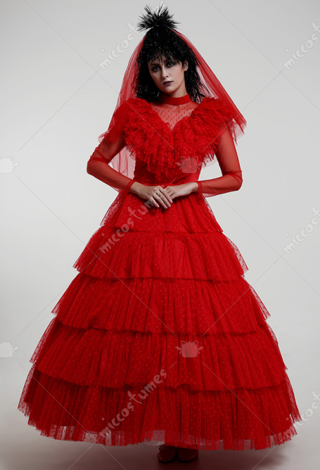 Beetlejuice Lydia Deetz Cosplay - Gothic Red Wedding Style Costume |  Halloween Dress for Sale
