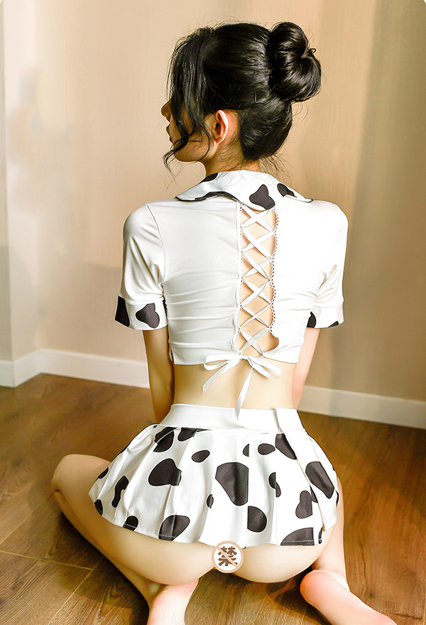 Woman Sexy Fashionable Cow Pattern Uniform - White and Black Short