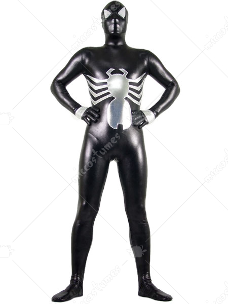 Black And Silver Shiny Metallic Spiderman Super Hero Zentai Suit