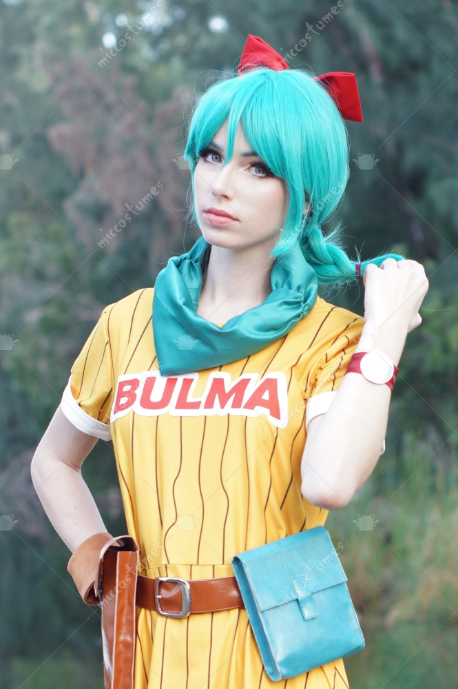 Dragon Ball Z Bulma Cosplay Costume Dress with Scarf and Belt