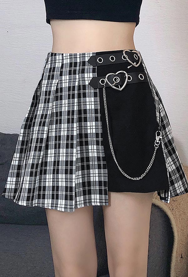 Grid Patterm Spliced Leather Buckle and Waist Chain Decorated Skirt ...