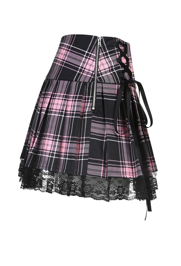 Lace Decorated Grid Pattern Side Crossing Strapped Pleated Skirt ...