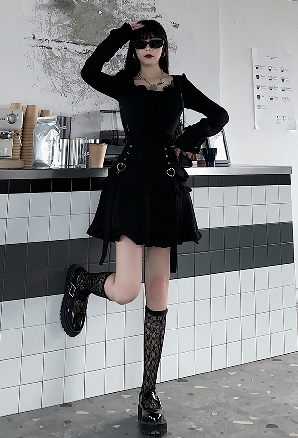 Gothic Punk Dark Style Costume - Women Round Collar Long Sleeve High ...