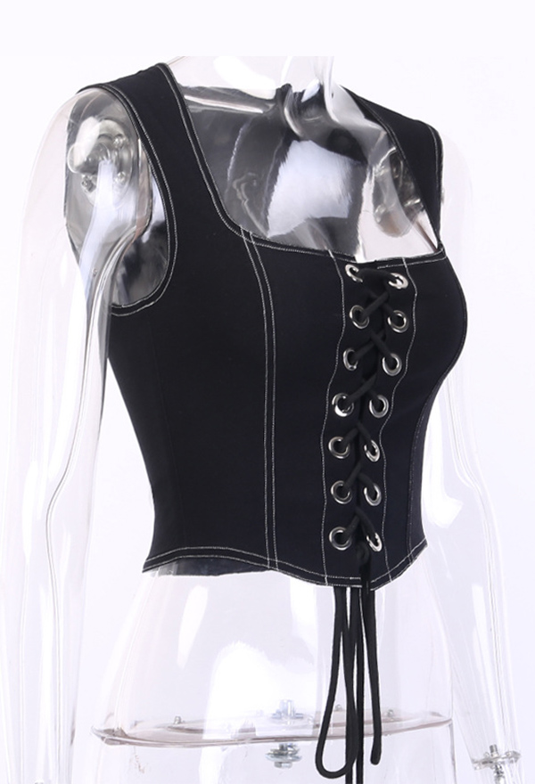 Gothic Dark Style Costume - Women Black Lace Up Vest Sleeveless Corset ...