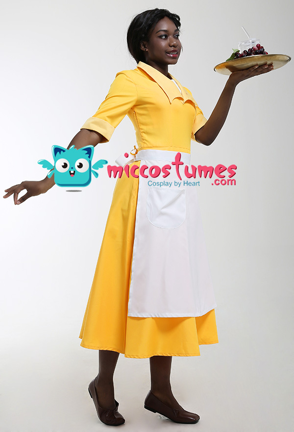 Women Princess Tiana Yellow Waitress Dress Cosplay Costume Outfit with  Petticoat