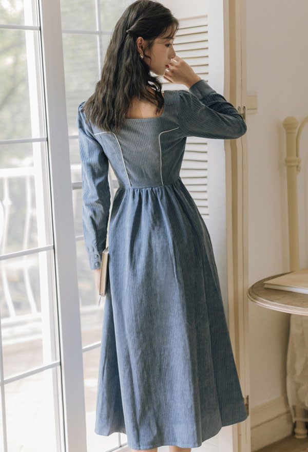 Elegant Vintage Haze Blue Dress - Women Retro Corduroy Long Sleeves ...