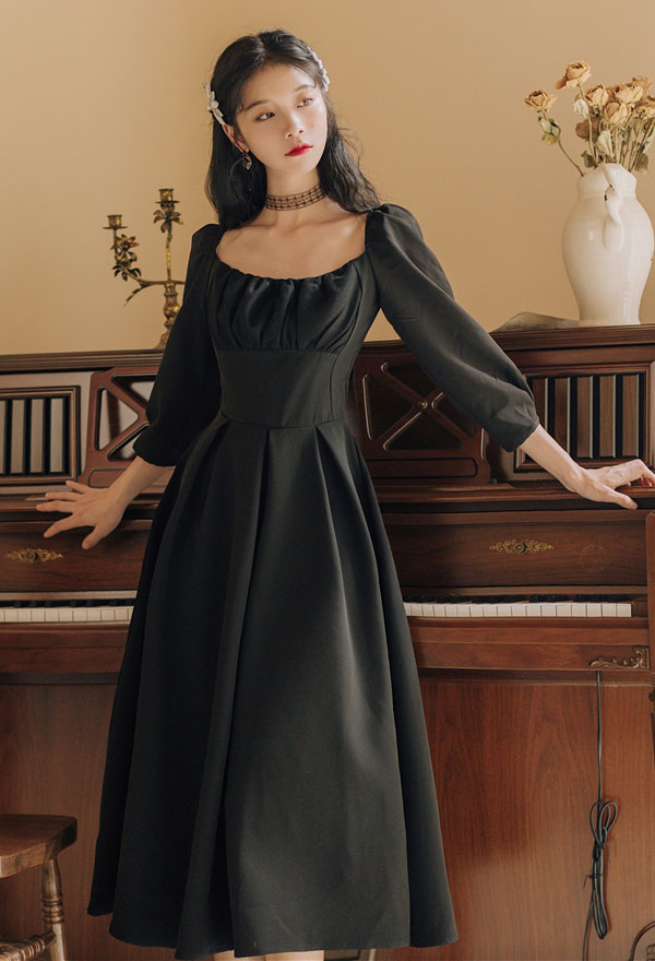 Black Dress Hepburn Style Black Dress - Temperament Puff Sleeves Night ...