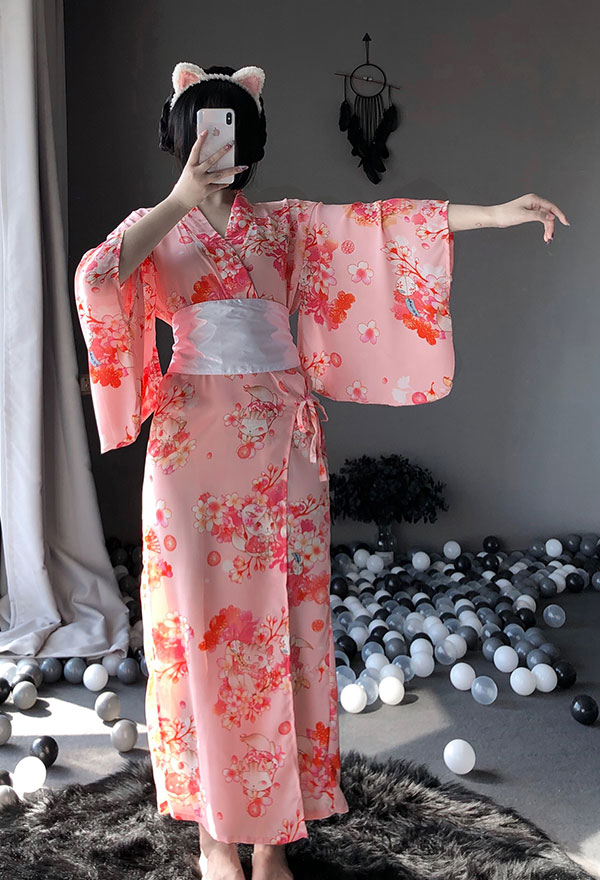 Cute Cat Girl Floweral Pattern Decorated Kimono | Outfit for Sale