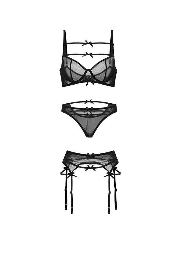 Sexy Lingerie Set - Black Deep V Cute Bow Decorated Three Point Bra and ...
