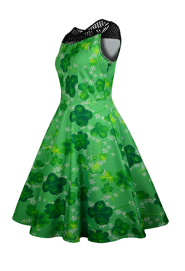 St. Patricks Day Vintage Sleeveless Dress Women Green Shamrock Floral ...