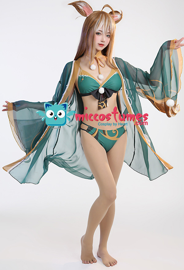 Women Two Piece Beach Swimsuit Anime Bathing Suit Lace Up Swimwear Set with  Sheer Kimono Haori Cover Up 