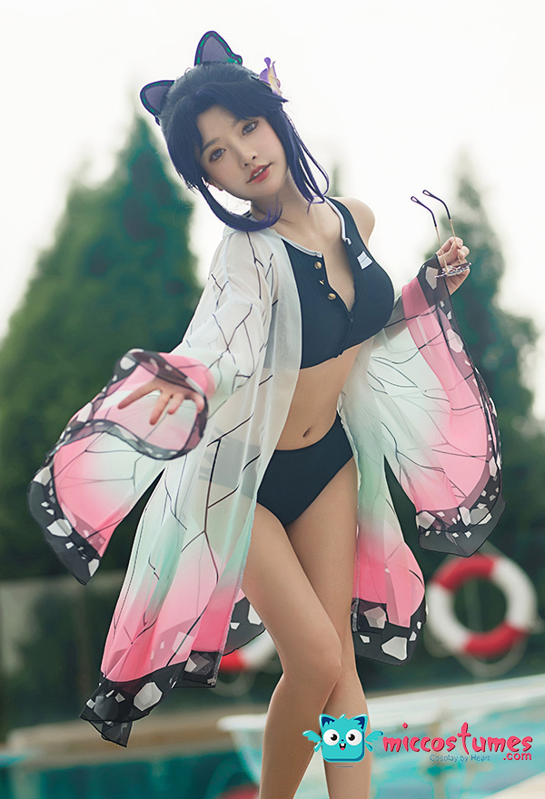 Womens Demon Slayer Swimsuit Kochou Shinobu Cosplay Costume Bikini Beach Anime Summer Suit Set 