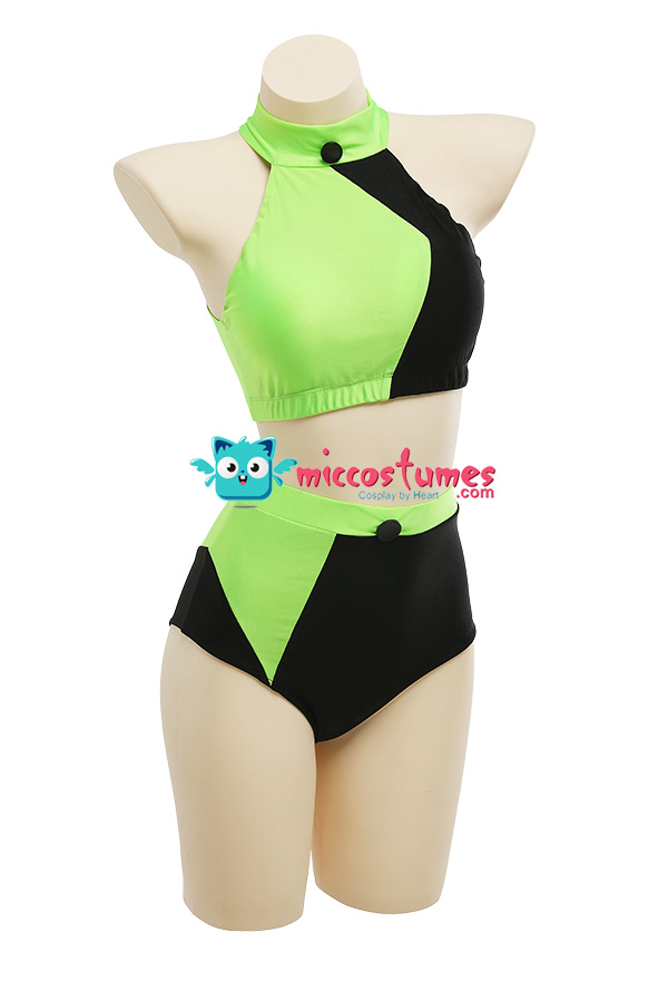 Miccostumes Swimsuits Green and Black Spliced for Bathing Zip Back Bikini  Set High Neck Top and High Waist Shorts Two Piece Bathing Suit Swimwear