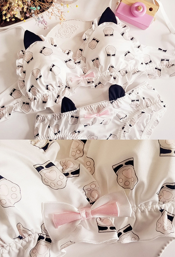 Kawaii Sexy Lingerie Set with Cat Paw Prints Underwired Bra with