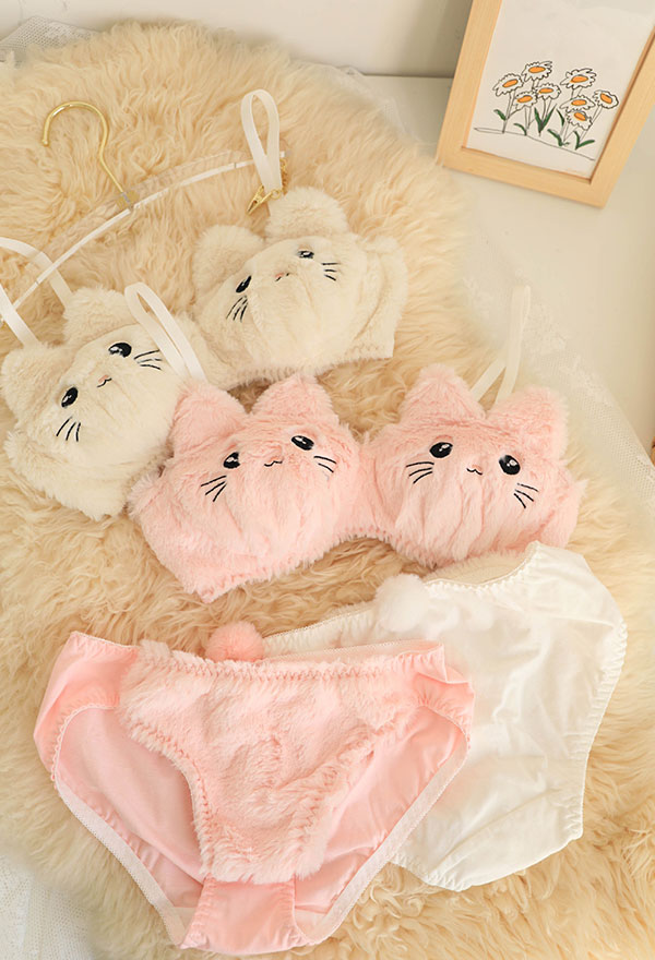 Cute Lingerie Set - Women Cat Embroidery Furry Bra and Briefs Underwear  Outfits